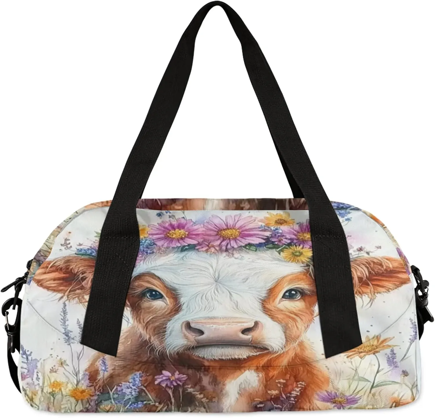 Highland Cow Print Kids Duffel Bag Lightweight Waterproof Sports Gym Bag with Front Zipper Pocket Foldable Weekender Overnight Bag for School Practice Gymnastic Ballet