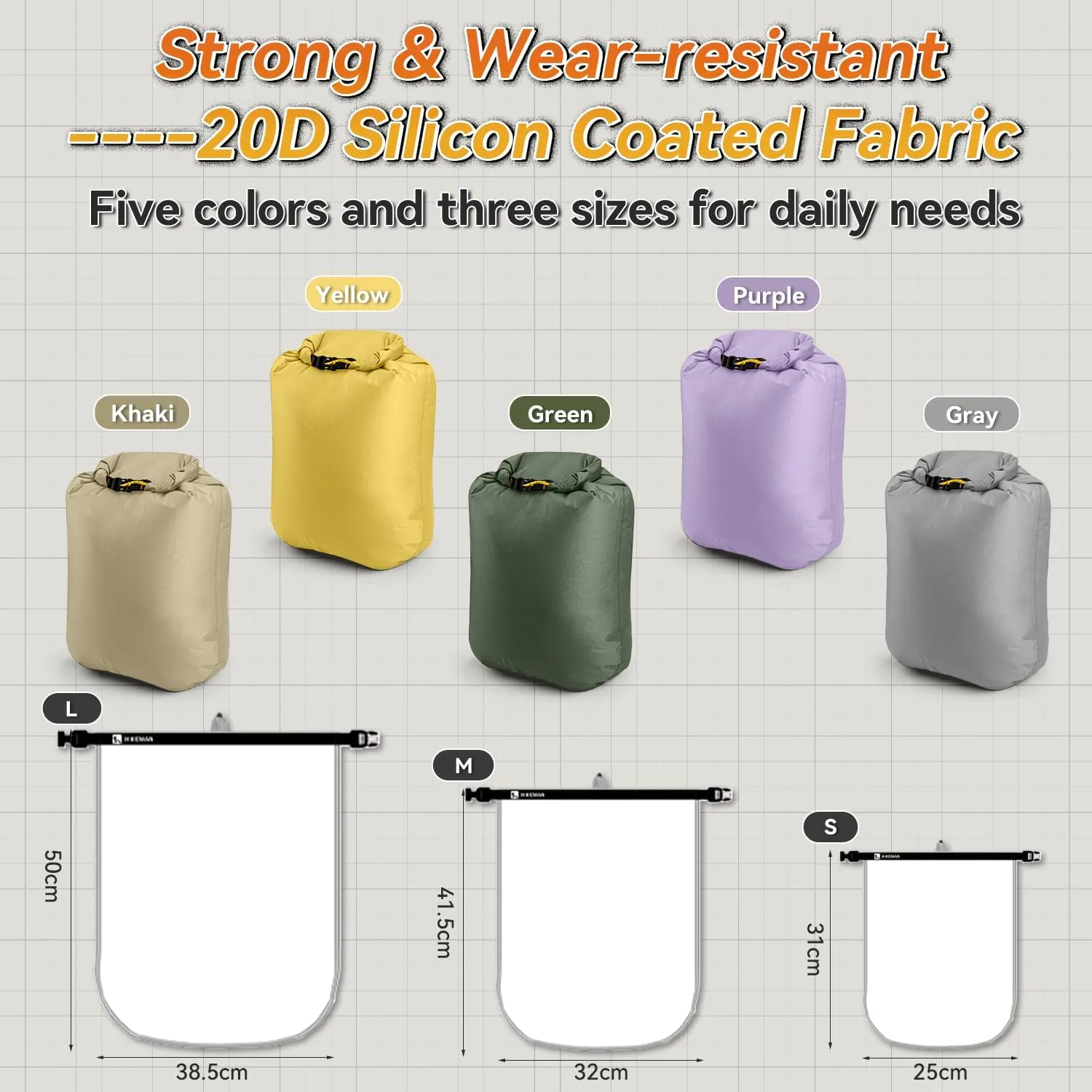 HIKEMAN Dry Bag Waterproof - Ultralight Dry Sack,Outdoor Roll Top Drybags,3-Pack Stuff Sack for Travel,Swimming,Rafting,Boating,Kayaking,Camping,Beach (Khaki)