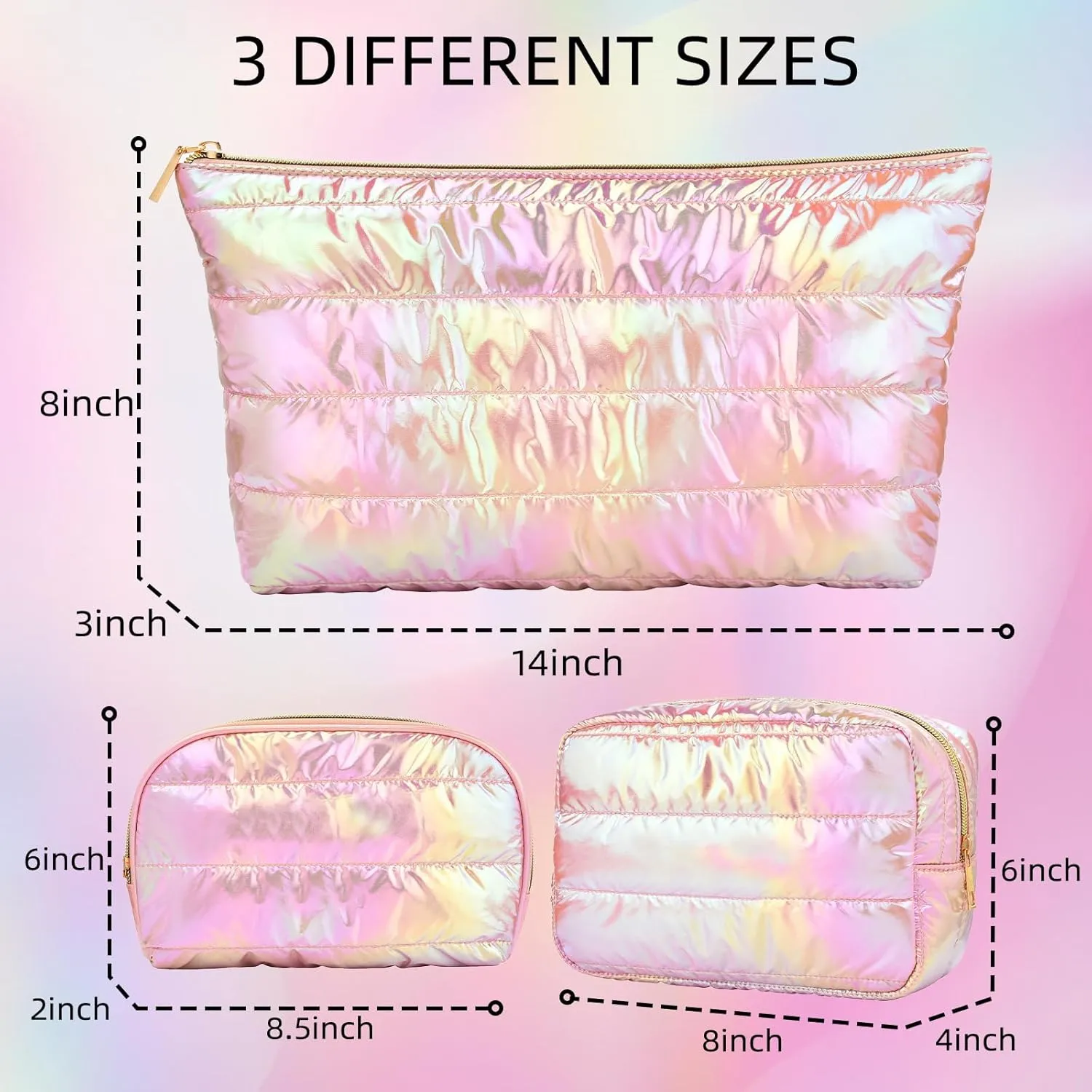 Hiroyuki 3pcs Iridescent Quilted Makeup Bag (plain, pink)