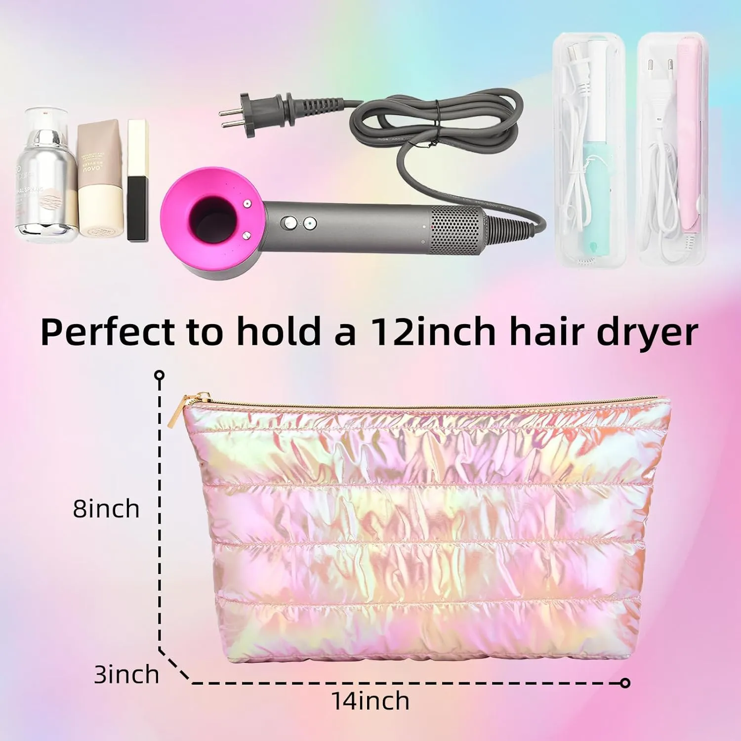 Hiroyuki 3pcs Iridescent Quilted Makeup Bag (plain, pink)