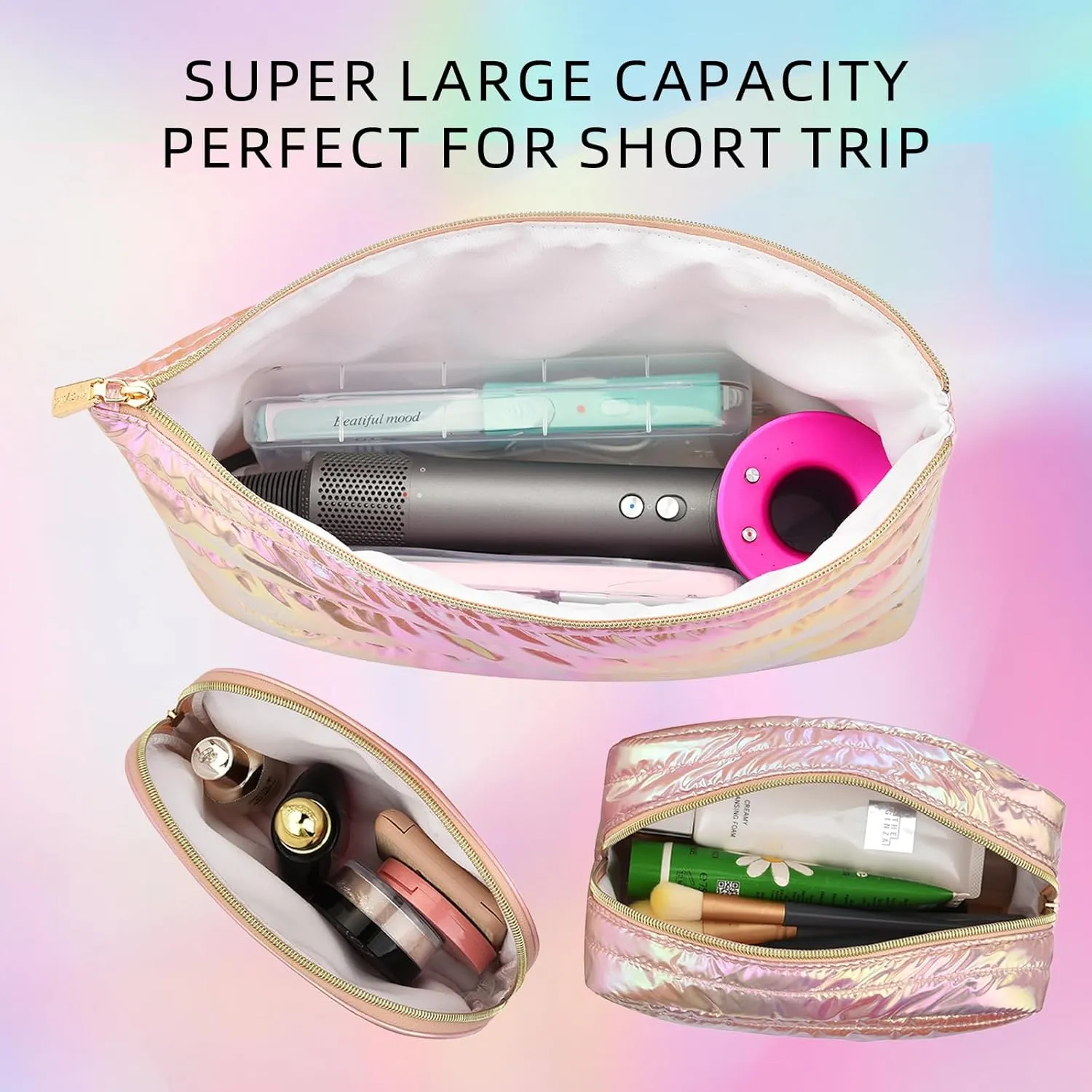 Hiroyuki 3pcs Iridescent Quilted Makeup Bag (plain, pink)