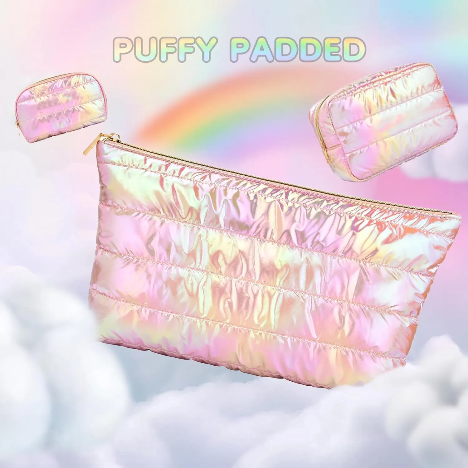 Hiroyuki 3pcs Iridescent Quilted Makeup Bag (plain, pink)