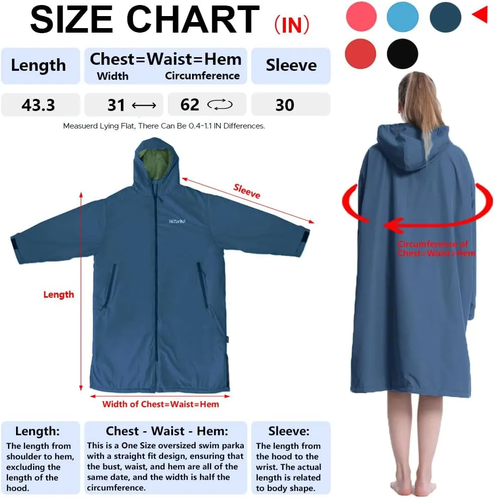 Hiturbo Warm Waterproof Swim Parka: Oversized Hooded Changing Robe - Sherpa Liner Swimming Coat - Recycled Fabric Surf Poncho