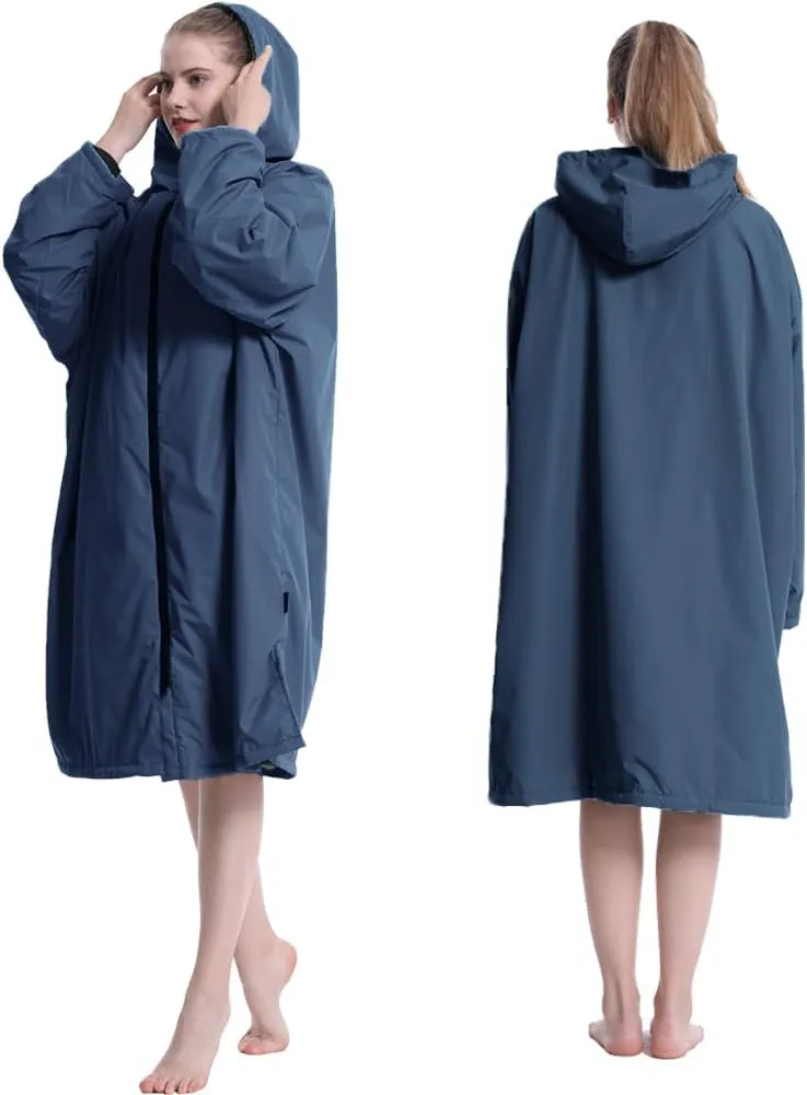 Hiturbo Warm Waterproof Swim Parka: Oversized Hooded Changing Robe - Sherpa Liner Swimming Coat - Recycled Fabric Surf Poncho