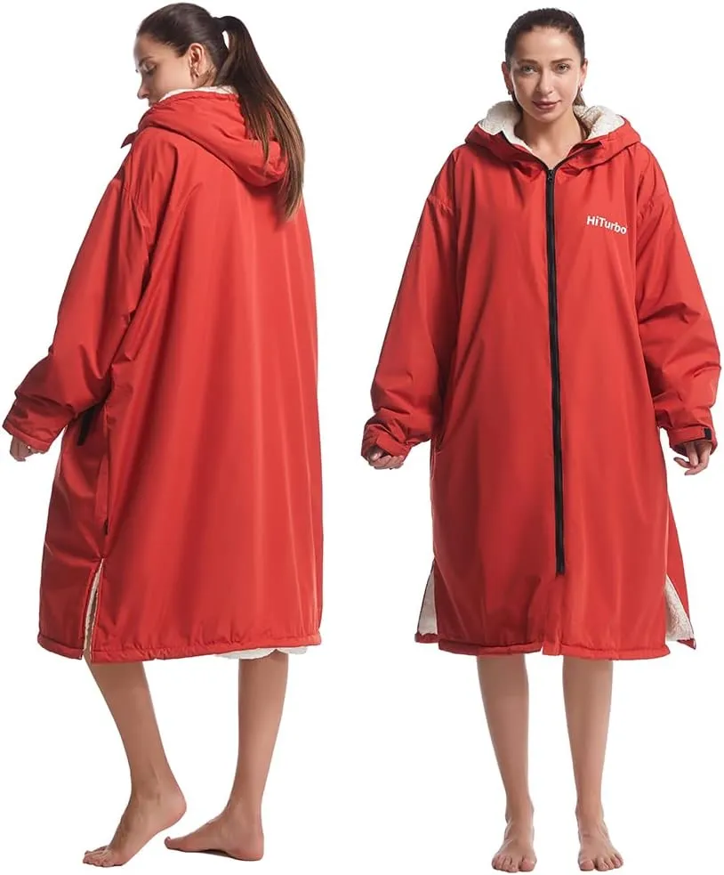 Hiturbo Warm Waterproof Swim Parka: Oversized Hooded Changing Robe - Sherpa Liner Swimming Coat - Recycled Fabric Surf Poncho
