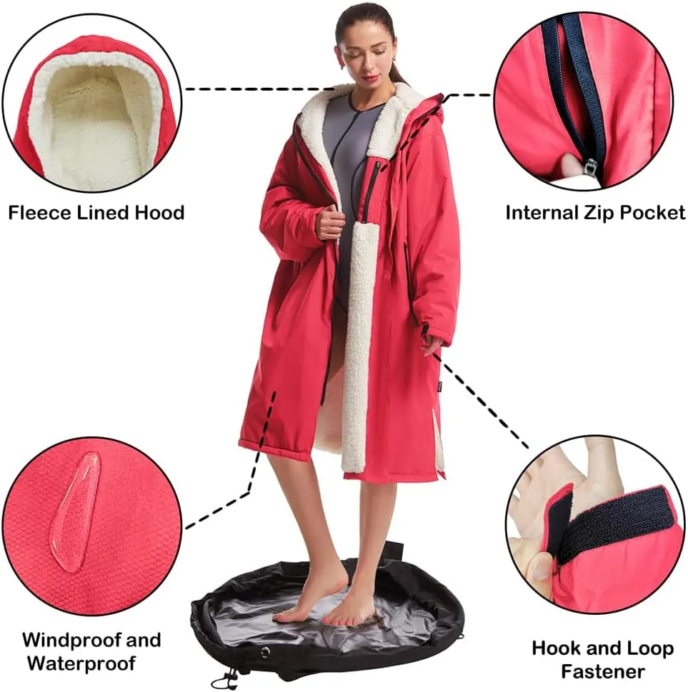 Hiturbo Warm Waterproof Swim Parka: Oversized Hooded Changing Robe - Sherpa Liner Swimming Coat - Recycled Fabric Surf Poncho
