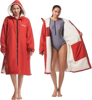 Hiturbo Warm Waterproof Swim Parka: Oversized Hooded Changing Robe - Sherpa Liner Swimming Coat - Recycled Fabric Surf Poncho