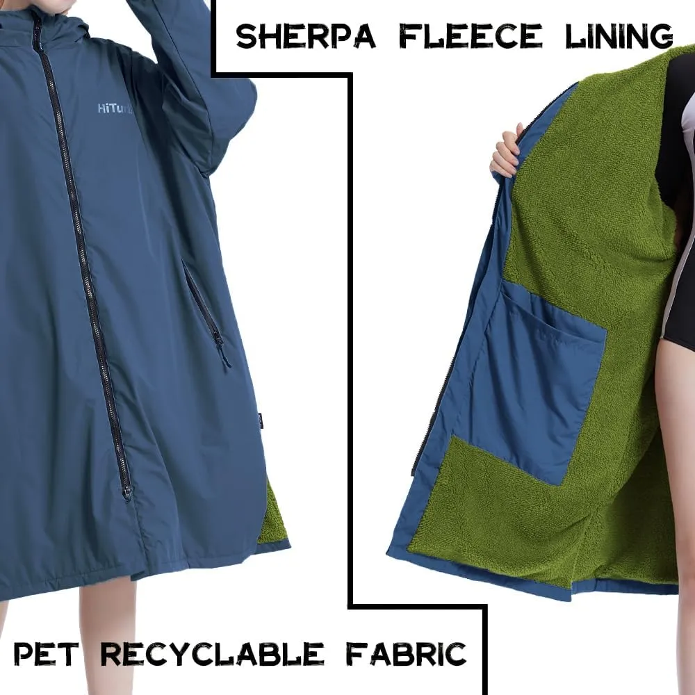 Hiturbo Warm Waterproof Swim Parka: Oversized Hooded Changing Robe - Sherpa Liner Swimming Coat - Recycled Fabric Surf Poncho