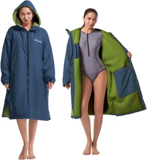Hiturbo Warm Waterproof Swim Parka: Oversized Hooded Changing Robe - Sherpa Liner Swimming Coat - Recycled Fabric Surf Poncho