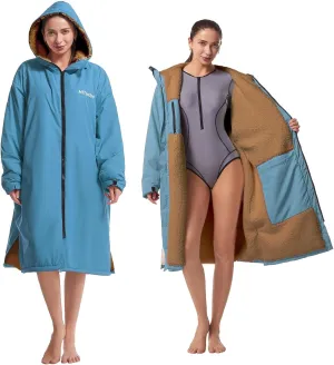 Hiturbo Warm Waterproof Swim Parka: Oversized Hooded Changing Robe - Sherpa Liner Swimming Coat - Recycled Fabric Surf Poncho