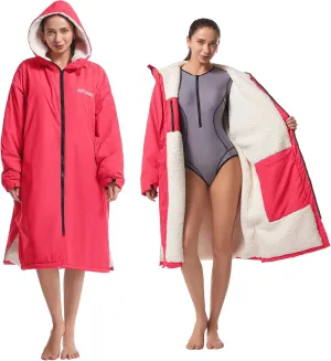 Hiturbo Warm Waterproof Swim Parka: Oversized Hooded Changing Robe - Sherpa Liner Swimming Coat - Recycled Fabric Surf Poncho