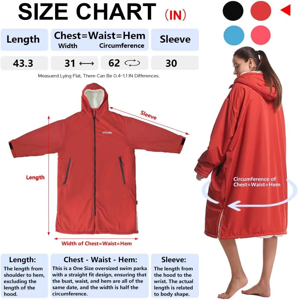 Hiturbo Warm Waterproof Swim Parka: Oversized Hooded Changing Robe - Sherpa Liner Swimming Coat - Recycled Fabric Surf Poncho