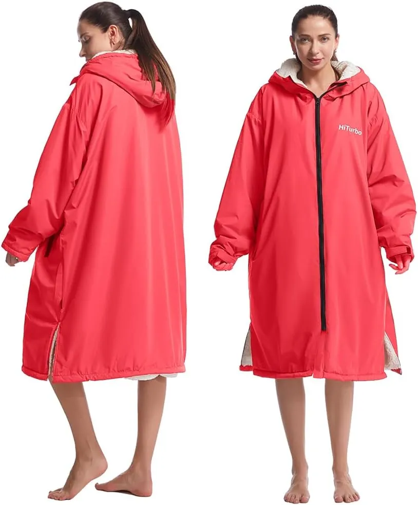 Hiturbo Warm Waterproof Swim Parka: Oversized Hooded Changing Robe - Sherpa Liner Swimming Coat - Recycled Fabric Surf Poncho