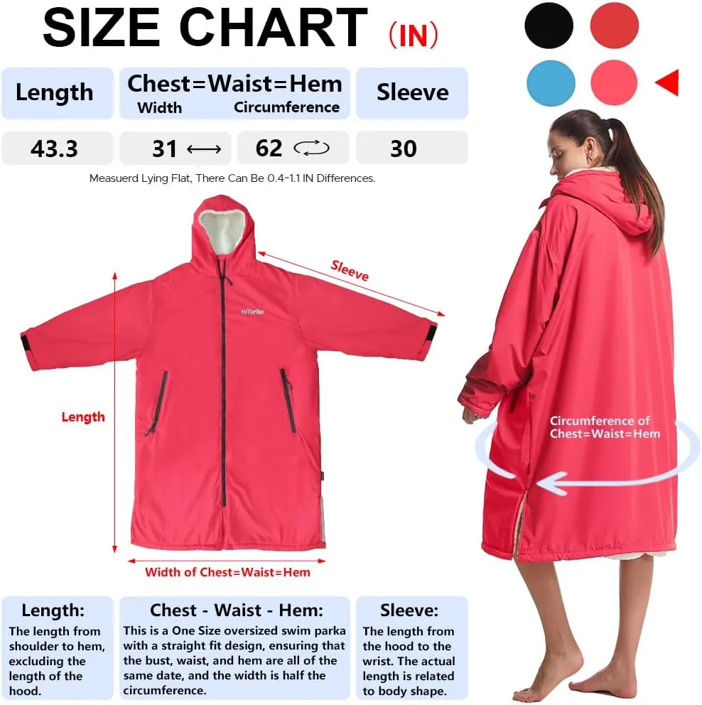 Hiturbo Warm Waterproof Swim Parka: Oversized Hooded Changing Robe - Sherpa Liner Swimming Coat - Recycled Fabric Surf Poncho