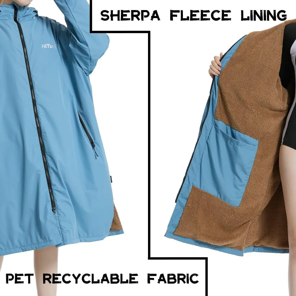 Hiturbo Warm Waterproof Swim Parka: Oversized Hooded Changing Robe - Sherpa Liner Swimming Coat - Recycled Fabric Surf Poncho