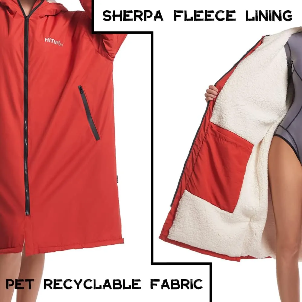 Hiturbo Warm Waterproof Swim Parka: Oversized Hooded Changing Robe - Sherpa Liner Swimming Coat - Recycled Fabric Surf Poncho