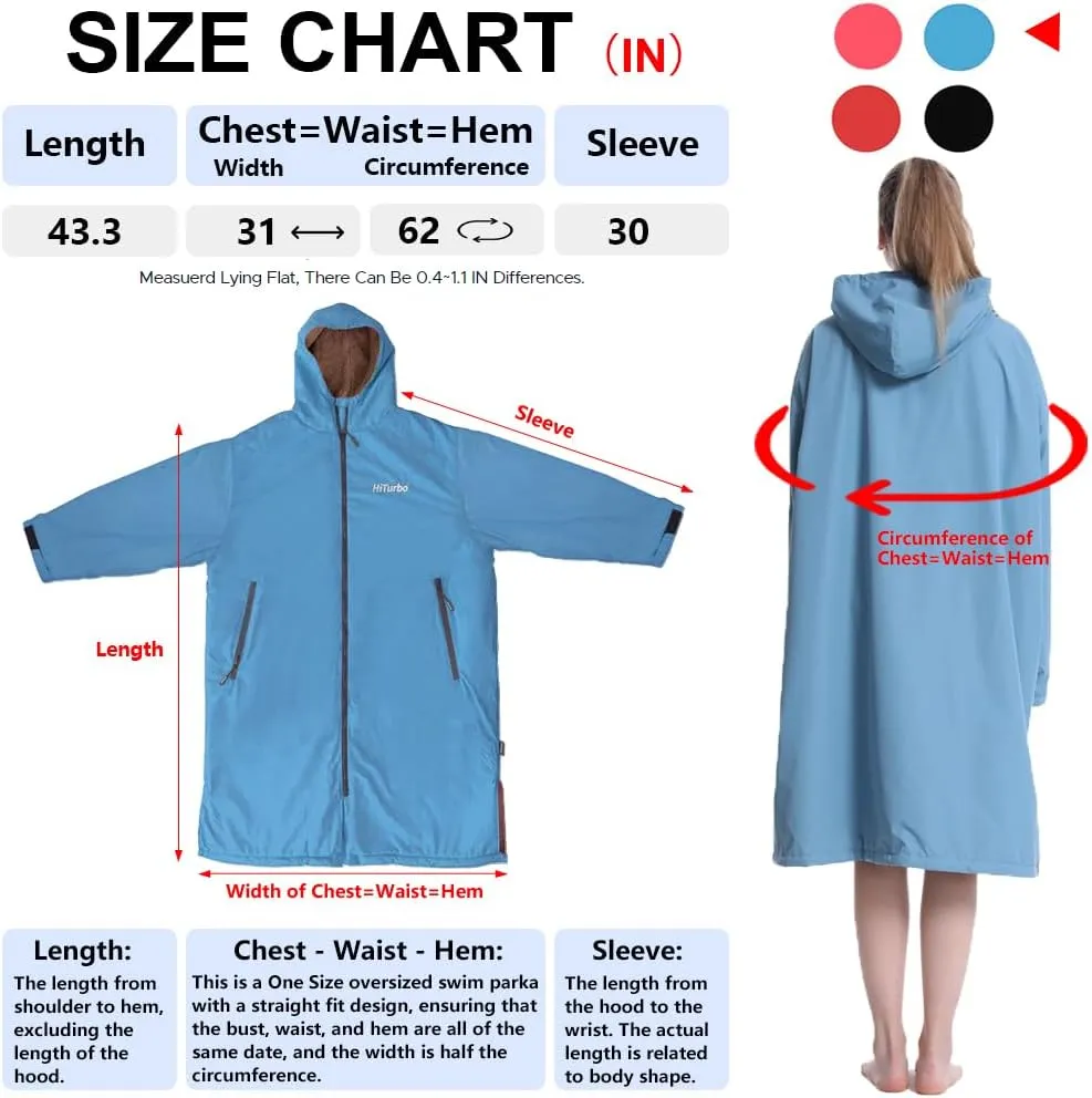 Hiturbo Warm Waterproof Swim Parka: Oversized Hooded Changing Robe - Sherpa Liner Swimming Coat - Recycled Fabric Surf Poncho
