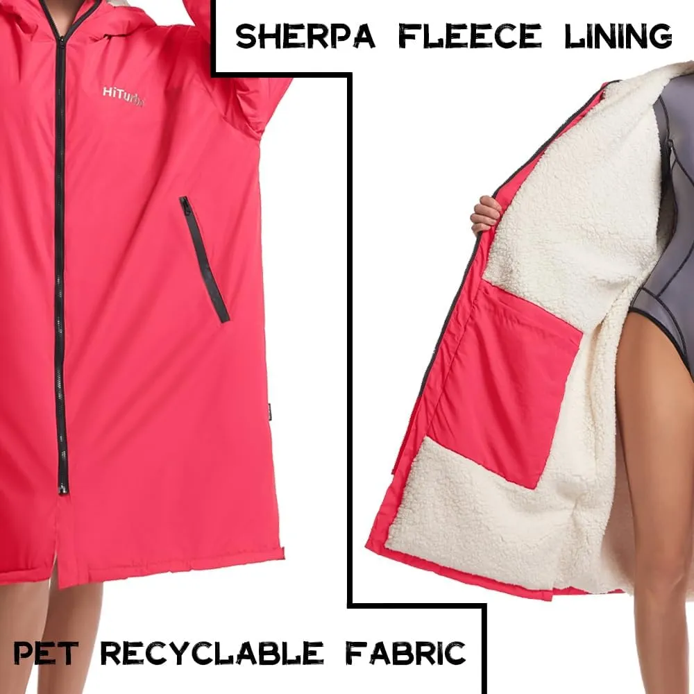 Hiturbo Warm Waterproof Swim Parka: Oversized Hooded Changing Robe - Sherpa Liner Swimming Coat - Recycled Fabric Surf Poncho
