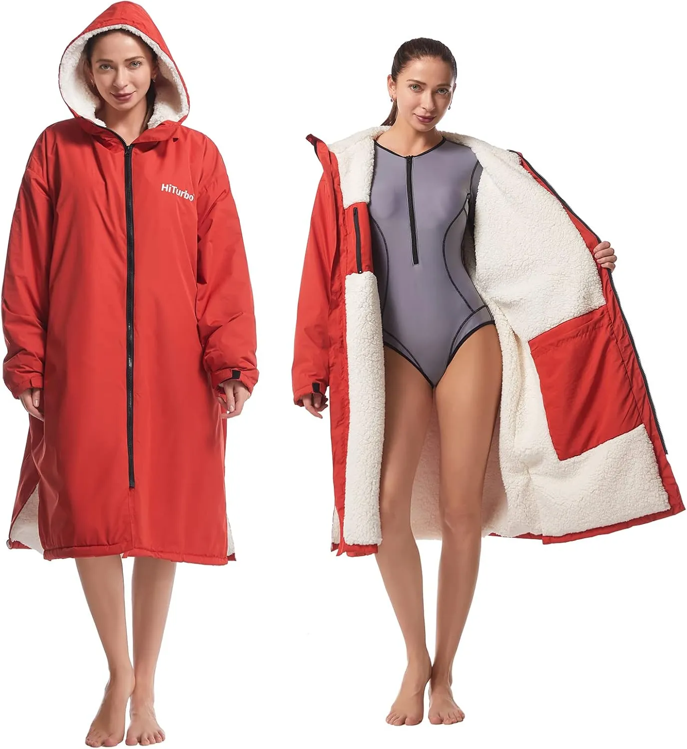 Hiturbo Warm Waterproof Swim Parka: Oversized Hooded Changing Robe - Sherpa Liner Swimming Coat - Recycled Fabric Surf Poncho