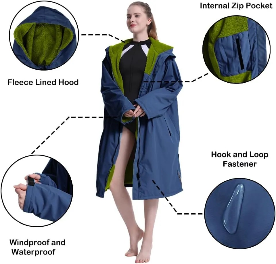 Hiturbo Warm Waterproof Swim Parka: Oversized Hooded Changing Robe - Sherpa Liner Swimming Coat - Recycled Fabric Surf Poncho