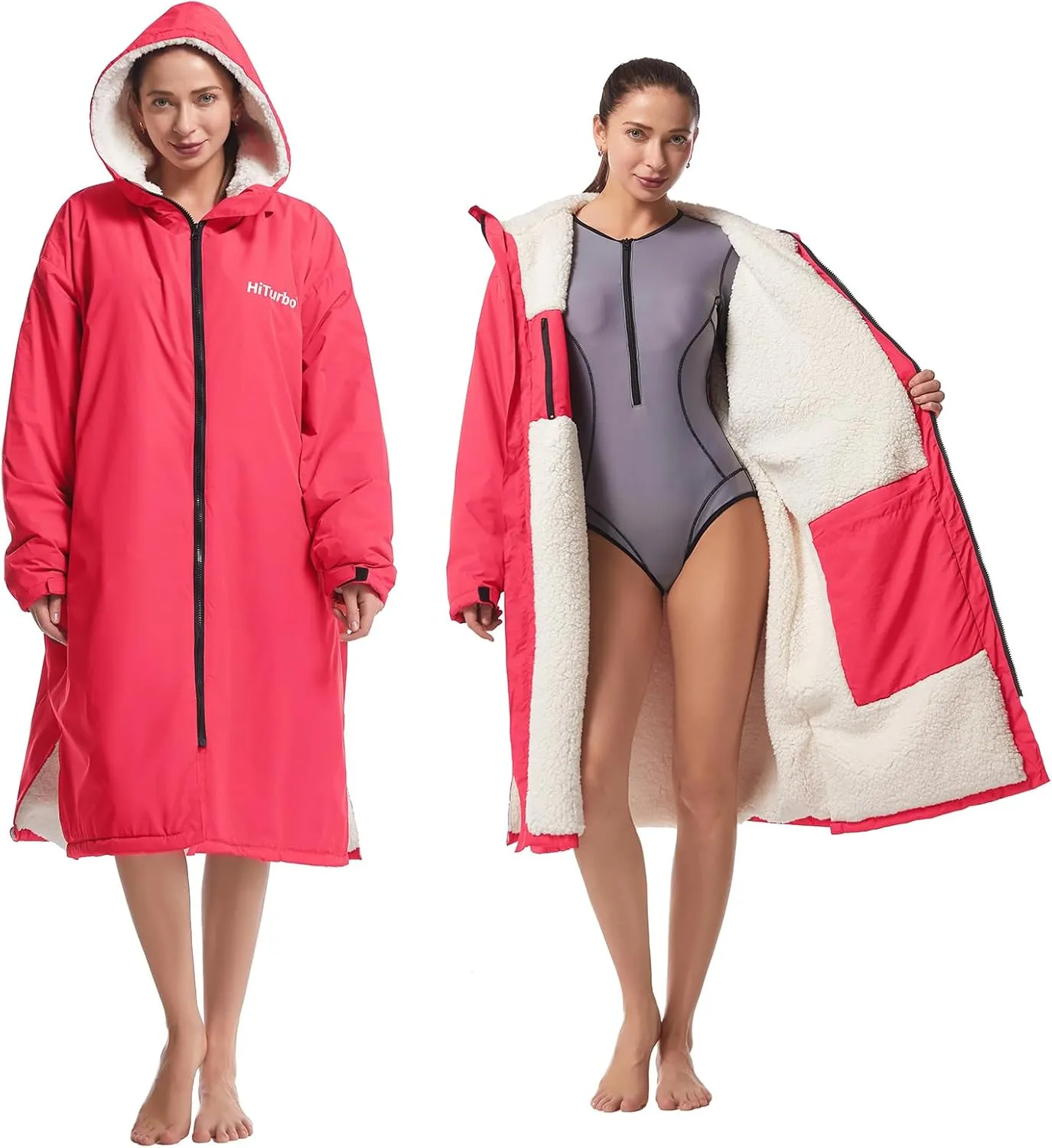 Hiturbo Warm Waterproof Swim Parka: Oversized Hooded Changing Robe - Sherpa Liner Swimming Coat - Recycled Fabric Surf Poncho