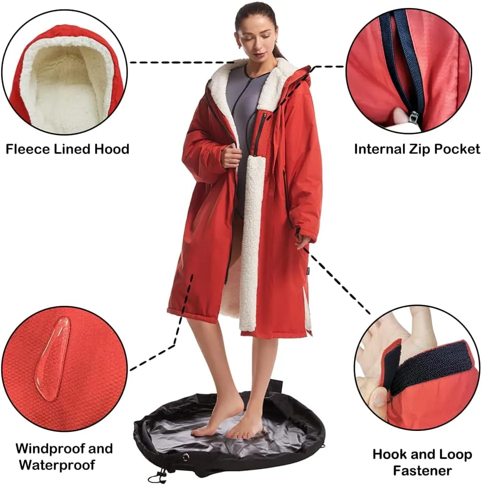 Hiturbo Warm Waterproof Swim Parka: Oversized Hooded Changing Robe - Sherpa Liner Swimming Coat - Recycled Fabric Surf Poncho