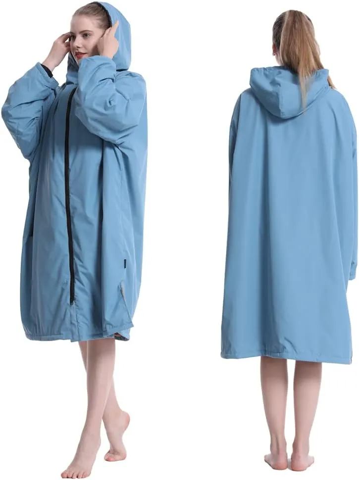 Hiturbo Warm Waterproof Swim Parka: Oversized Hooded Changing Robe - Sherpa Liner Swimming Coat - Recycled Fabric Surf Poncho