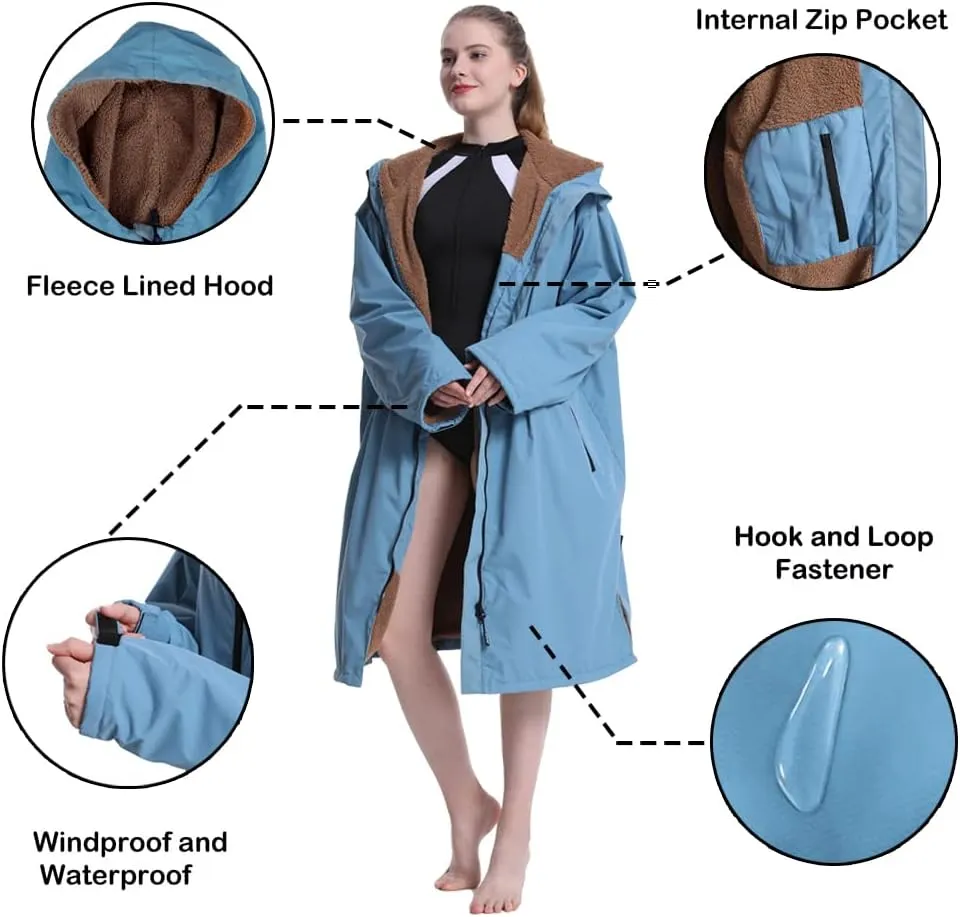 Hiturbo Warm Waterproof Swim Parka: Oversized Hooded Changing Robe - Sherpa Liner Swimming Coat - Recycled Fabric Surf Poncho