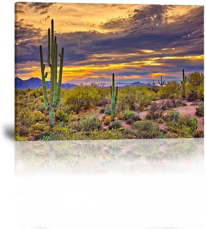 HJY Art Sunset with Saguaros Landscape Wall Art Arizona Cactus Pictures Sonoran Desert Canvas Wall Decor for Living Room Bedroom Bathroom Home Decorations Framed Artwork (18''H x 24''W)