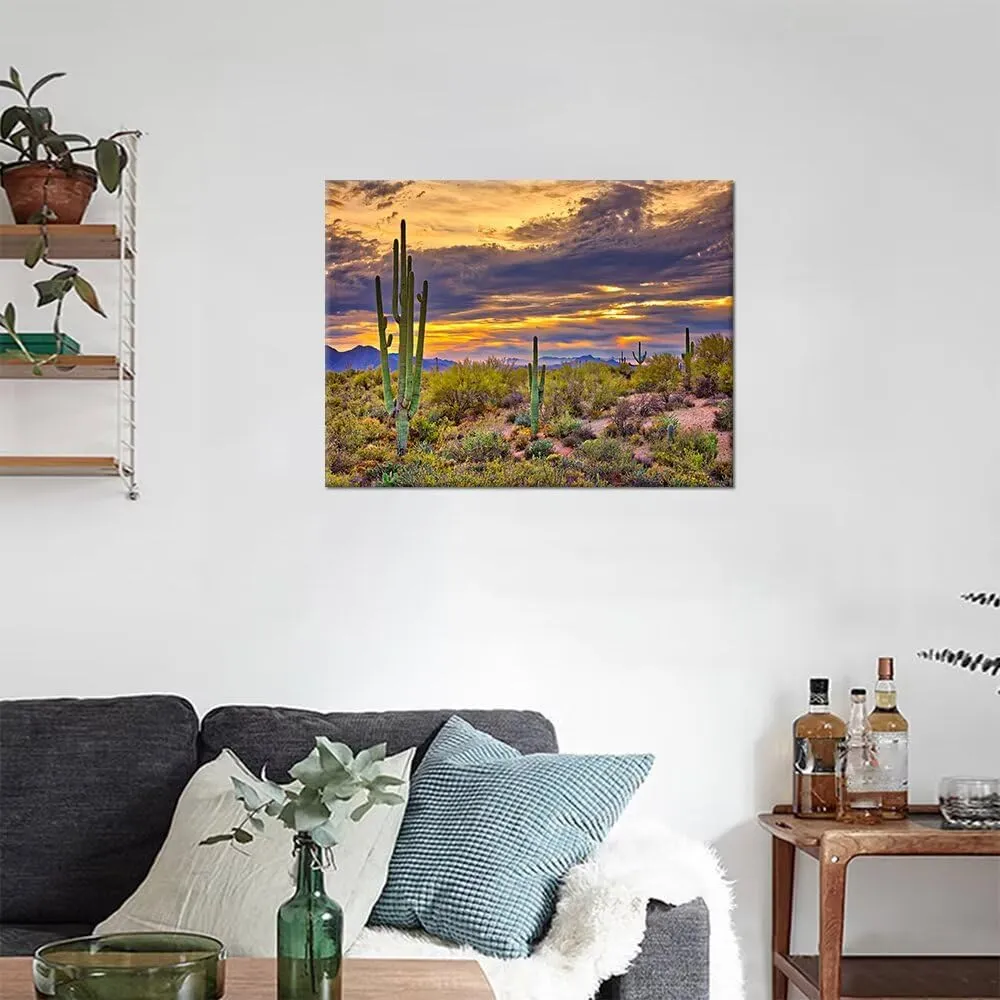 HJY Art Sunset with Saguaros Landscape Wall Art Arizona Cactus Pictures Sonoran Desert Canvas Wall Decor for Living Room Bedroom Bathroom Home Decorations Framed Artwork (18''H x 24''W)