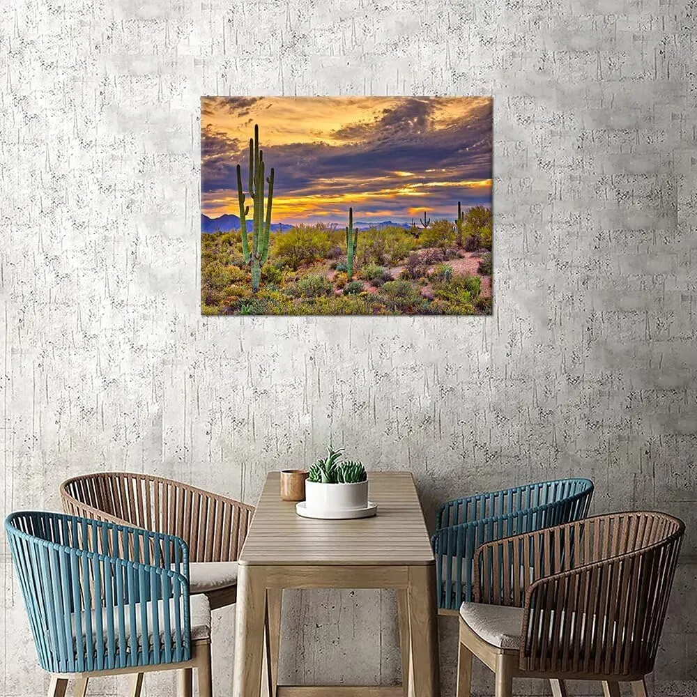 HJY Art Sunset with Saguaros Landscape Wall Art Arizona Cactus Pictures Sonoran Desert Canvas Wall Decor for Living Room Bedroom Bathroom Home Decorations Framed Artwork (18''H x 24''W)