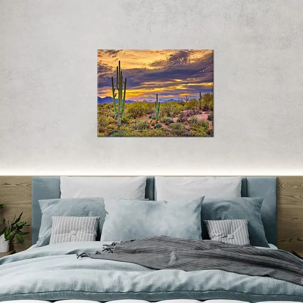 HJY Art Sunset with Saguaros Landscape Wall Art Arizona Cactus Pictures Sonoran Desert Canvas Wall Decor for Living Room Bedroom Bathroom Home Decorations Framed Artwork (18''H x 24''W)