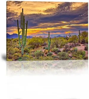 HJY Art Sunset with Saguaros Landscape Wall Art Arizona Cactus Pictures Sonoran Desert Canvas Wall Decor for Living Room Bedroom Bathroom Home Decorations Framed Artwork (18''H x 24''W)