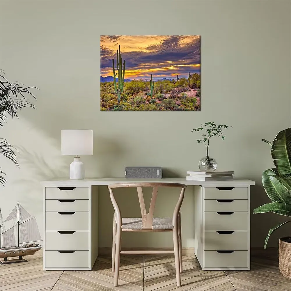 HJY Art Sunset with Saguaros Landscape Wall Art Arizona Cactus Pictures Sonoran Desert Canvas Wall Decor for Living Room Bedroom Bathroom Home Decorations Framed Artwork (18''H x 24''W)