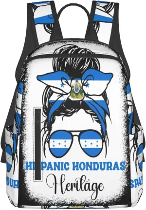 Honduras Flag Hispanic Heritage Month Messy Bun Casual Backpacks Large Capacity Laptop Backpack Sports Fitness Rucksack Travel Carry-On Daypack Work Bag for Outdoor Camping