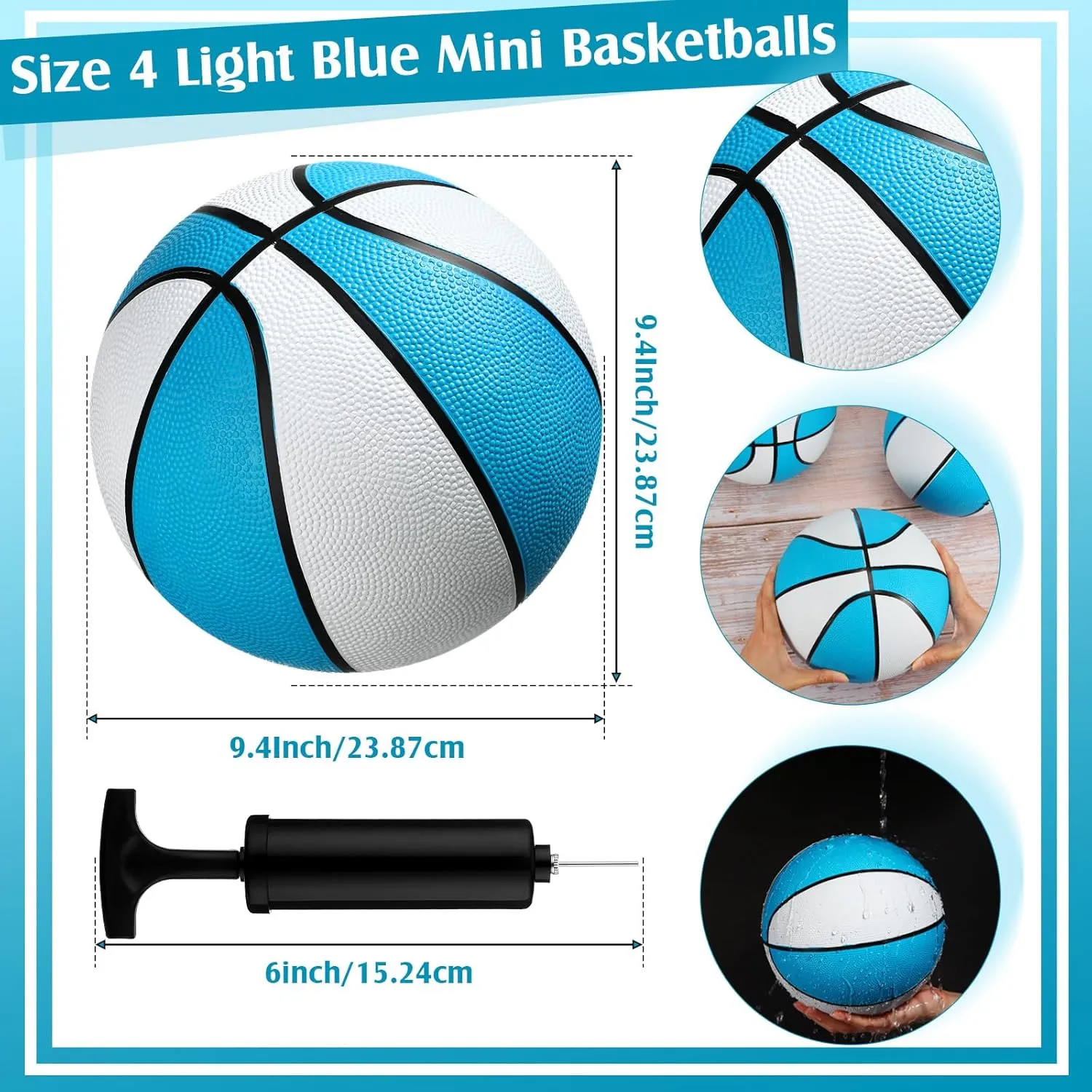 Honoson 6 Pack Water Pool Basketball Swimming Pool Rubber Waterproof Basketball for Summer Lake Party Favors(9.4 Inch,Light Blue)