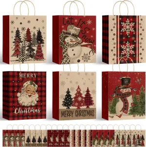 Horaldaily 24 Christmas Gift Paper Bags Bulk with handles Wrapping, Buffalo Plaid Santa Christmas Trees Snowman Xmas Holiday Presents(24 Large)