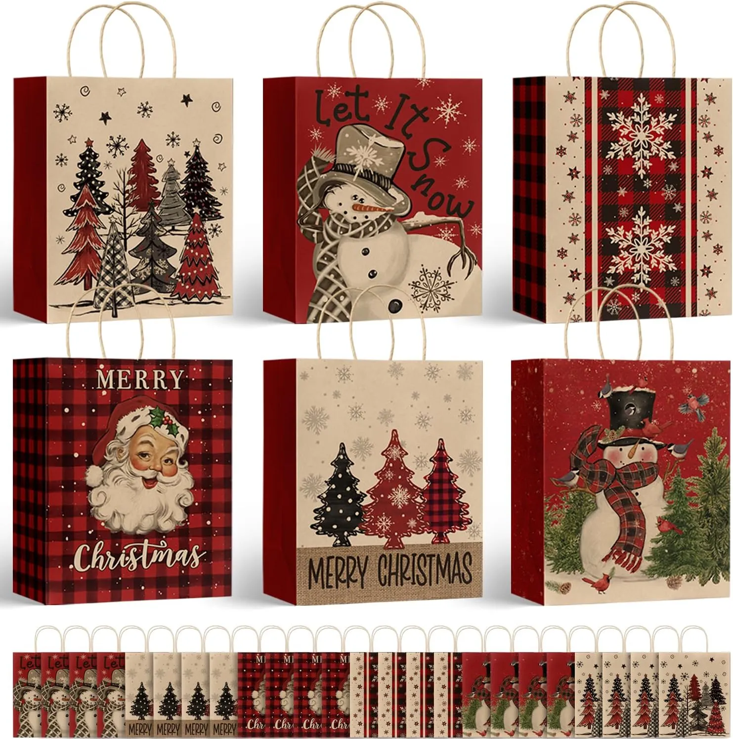Horaldaily 24 Christmas Gift Paper Bags Bulk with handles Wrapping, Buffalo Plaid Santa Christmas Trees Snowman Xmas Holiday Presents(24 Large)