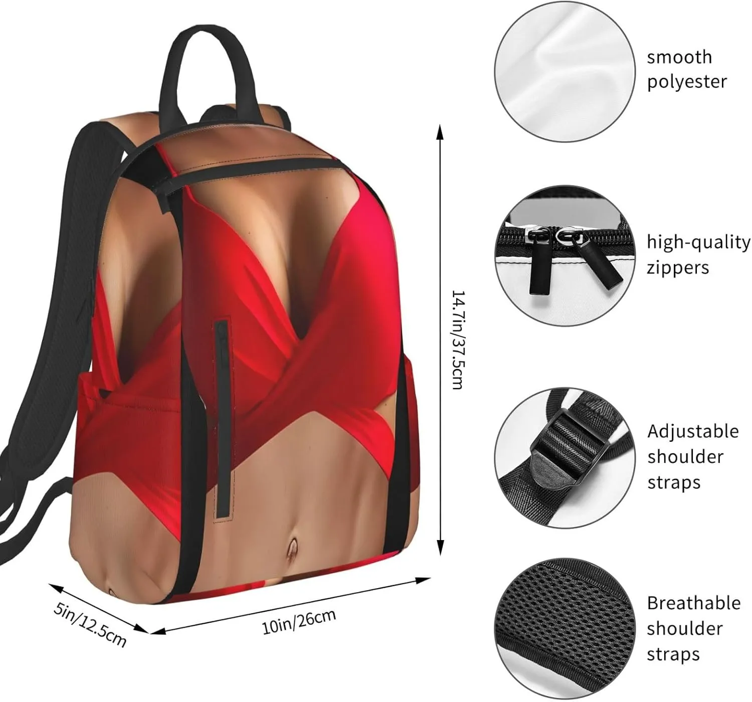 Hot 3D Boobs Red Bikini Body Casual Backpacks Large Capacity Laptop Backpack Sports Rucksack Travel Daypack Adjustable Shoulder Strap Work Bag for Outdoor Camping