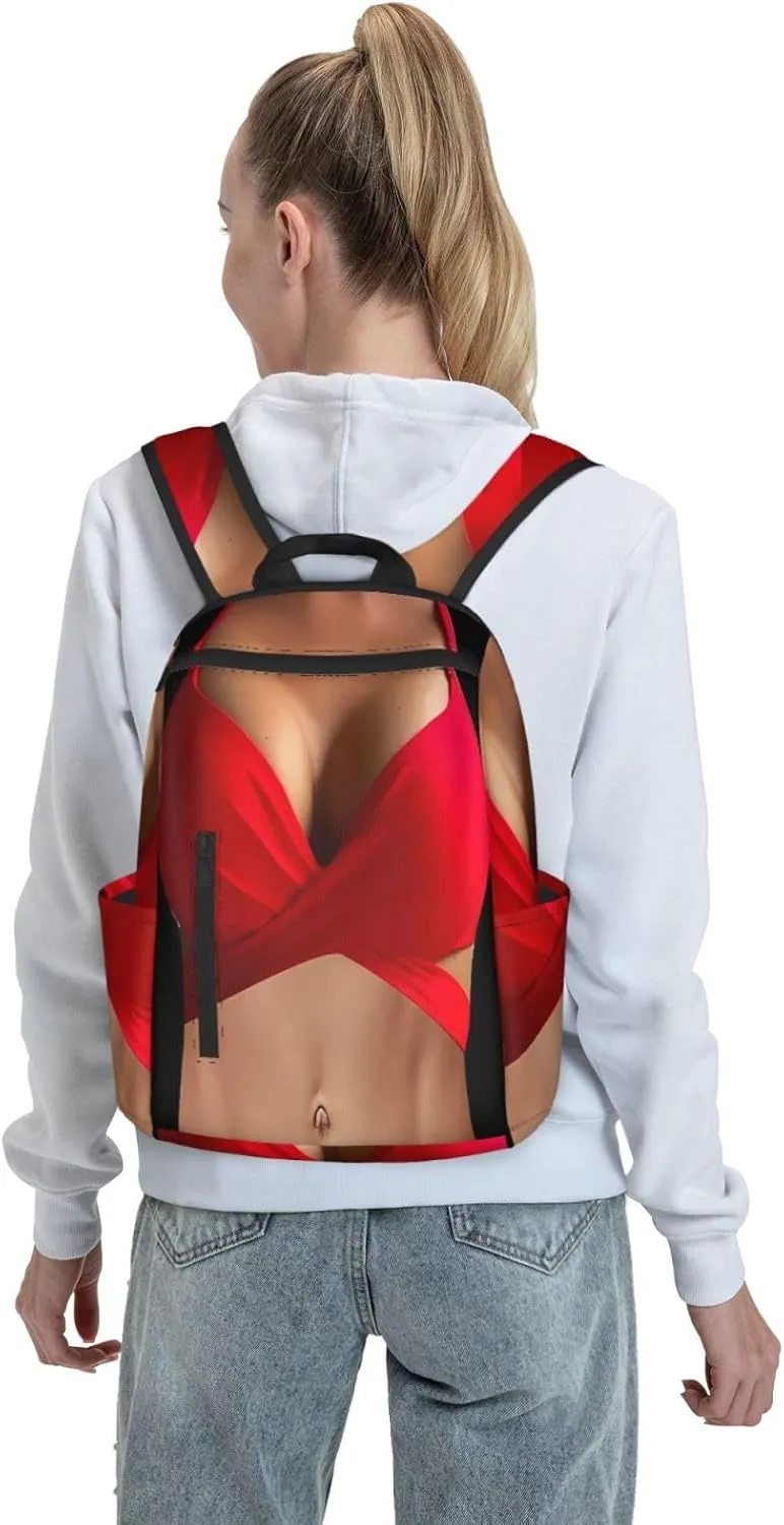 Hot 3D Boobs Red Bikini Body Casual Backpacks Large Capacity Laptop Backpack Sports Rucksack Travel Daypack Adjustable Shoulder Strap Work Bag for Outdoor Camping