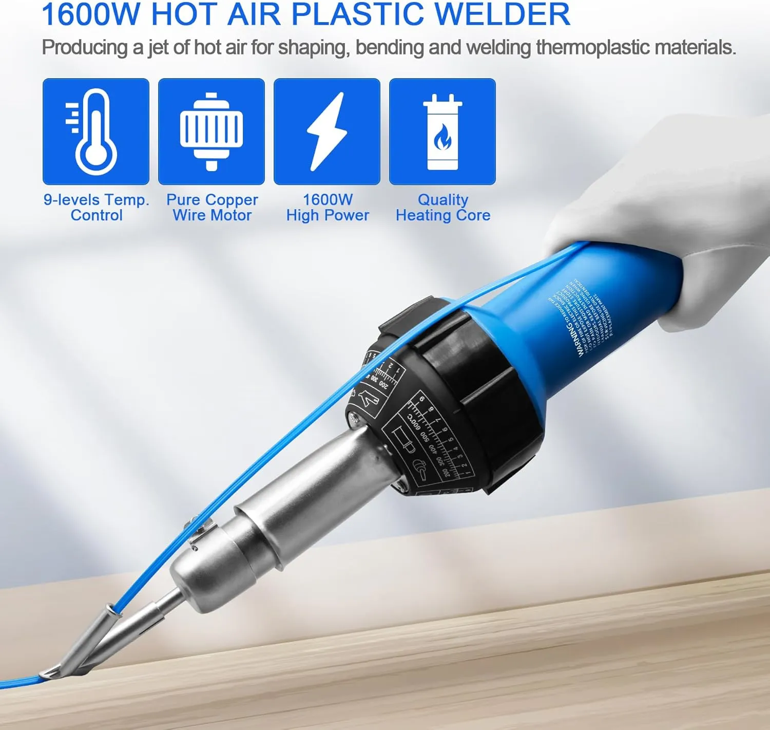 Hot Air Plastic Welder 1600W Plastic Welding Roofing Kit 110V, Vinyl PVC TPO Welding Handheld Plastic Hot Air Heat Gun Welding Torch with Various Nozzles