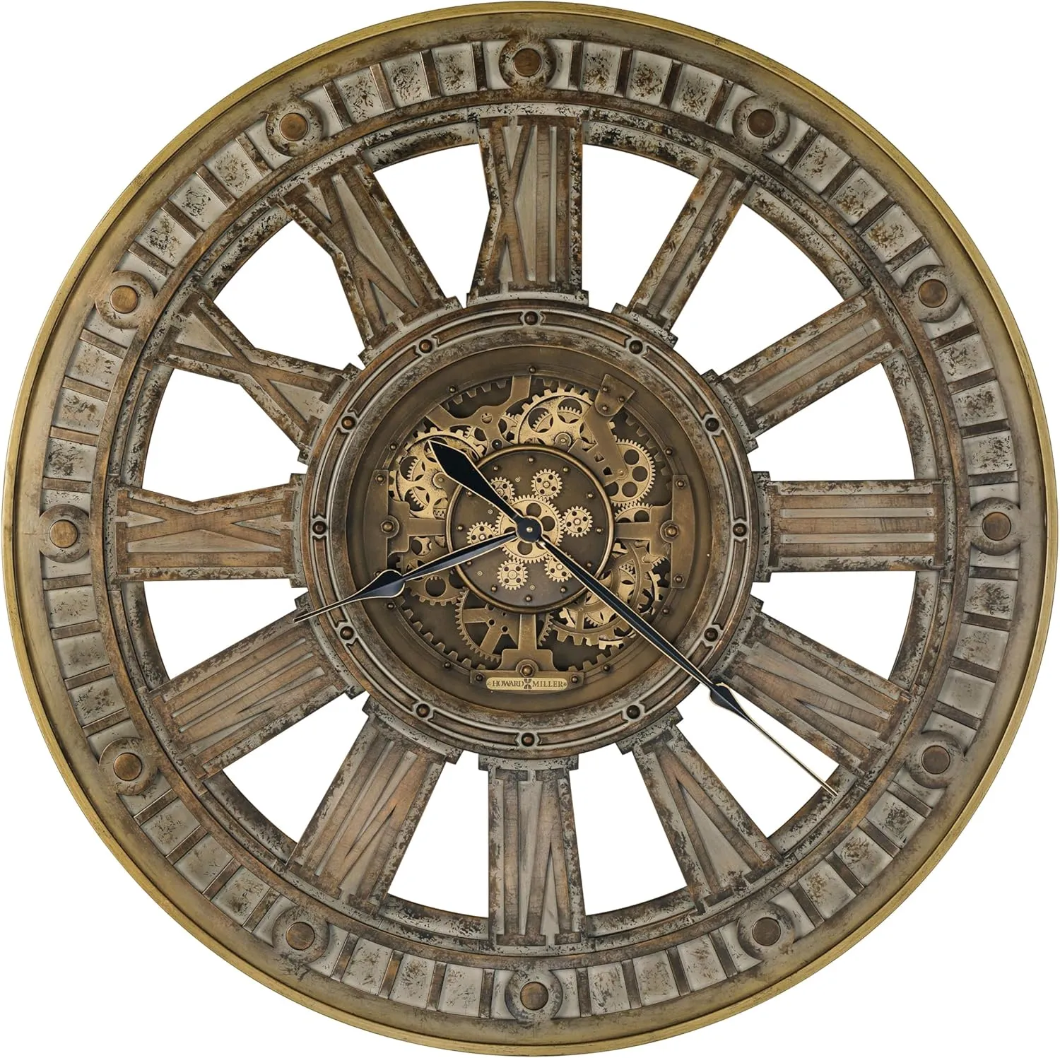 Howard Miller Wyatt Wall Clock, Classic Round Design Moving Central Gears Wooden Finish Transparent Display, Analog Display Roman Numerals Battery-Operated Movement Perfect for Home Decor