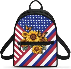 HUGS IDEA American Flag Backpack for Lady Sunflowers Cell Phone Purse Mini Polyester Backpacks for Travel Lightweight Small Shoulder Bag Casual Tote Bags Handbag Daypack
