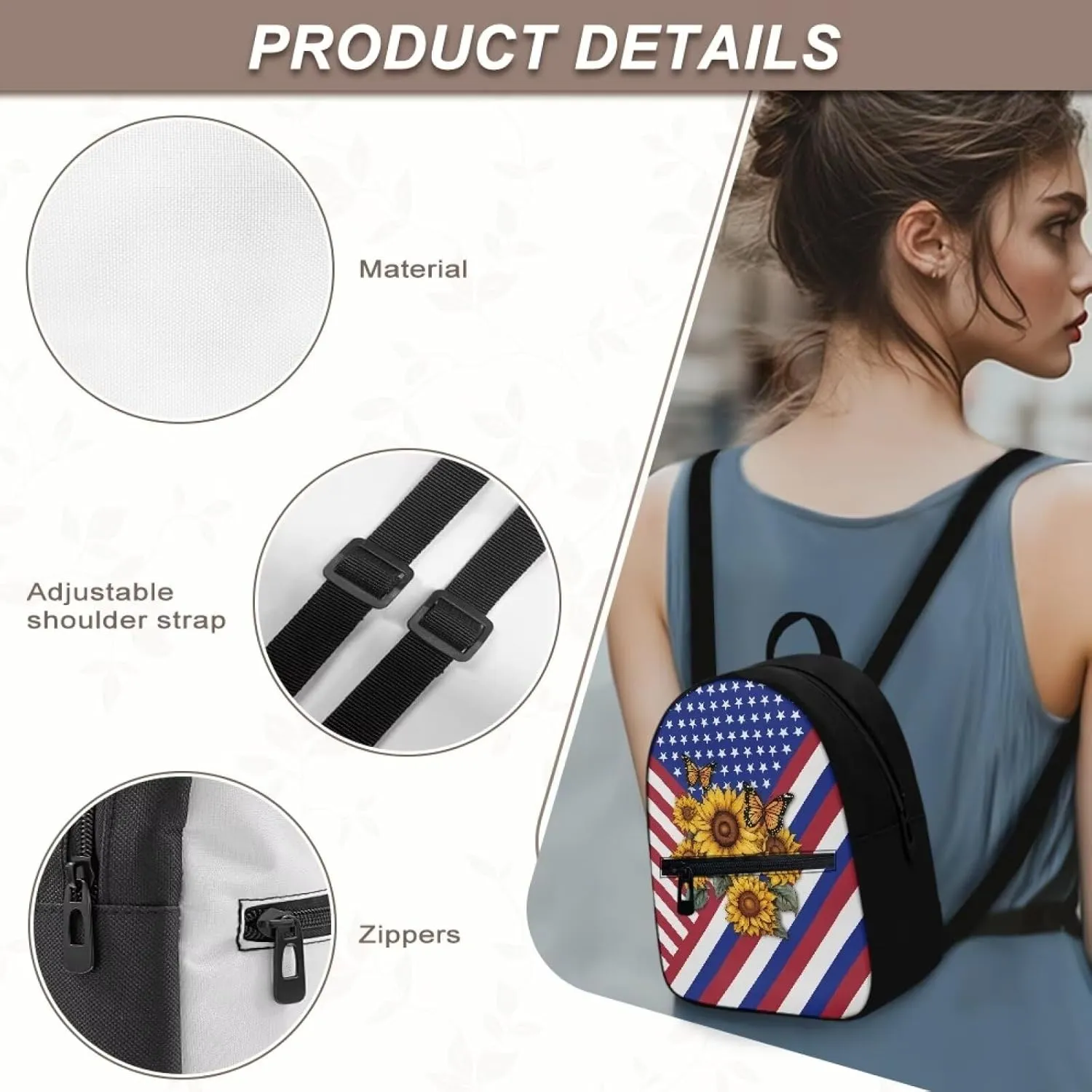 HUGS IDEA American Flag Backpack for Lady Sunflowers Cell Phone Purse Mini Polyester Backpacks for Travel Lightweight Small Shoulder Bag Casual Tote Bags Handbag Daypack