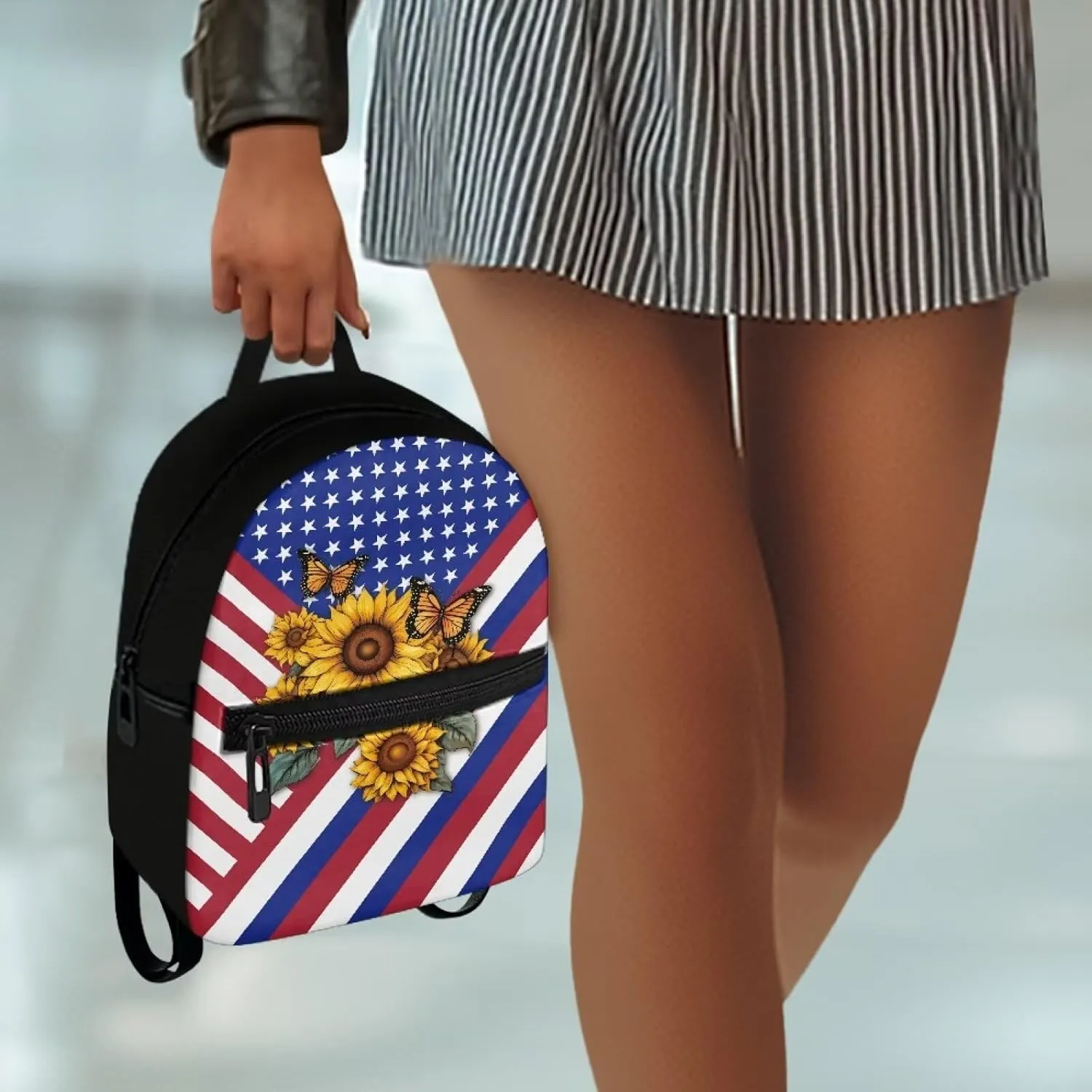 HUGS IDEA American Flag Backpack for Lady Sunflowers Cell Phone Purse Mini Polyester Backpacks for Travel Lightweight Small Shoulder Bag Casual Tote Bags Handbag Daypack