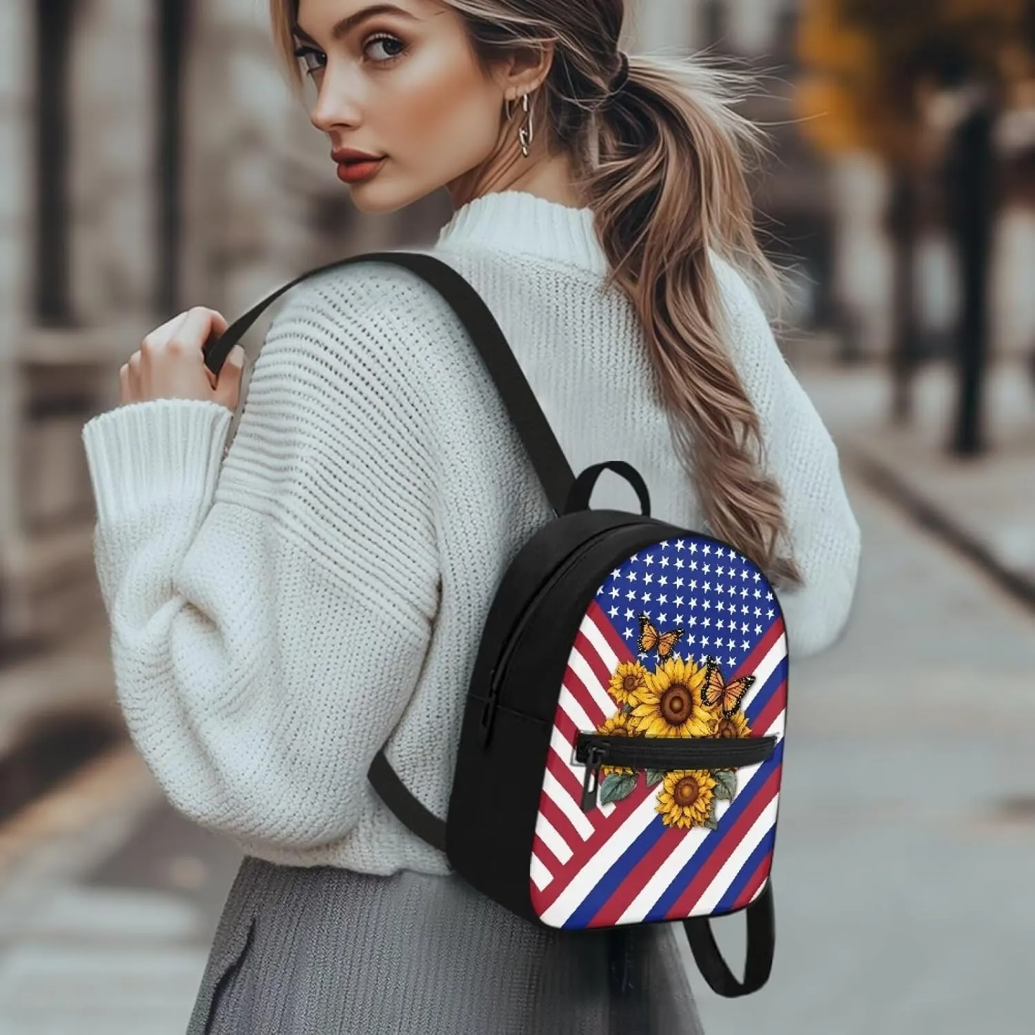 HUGS IDEA American Flag Backpack for Lady Sunflowers Cell Phone Purse Mini Polyester Backpacks for Travel Lightweight Small Shoulder Bag Casual Tote Bags Handbag Daypack
