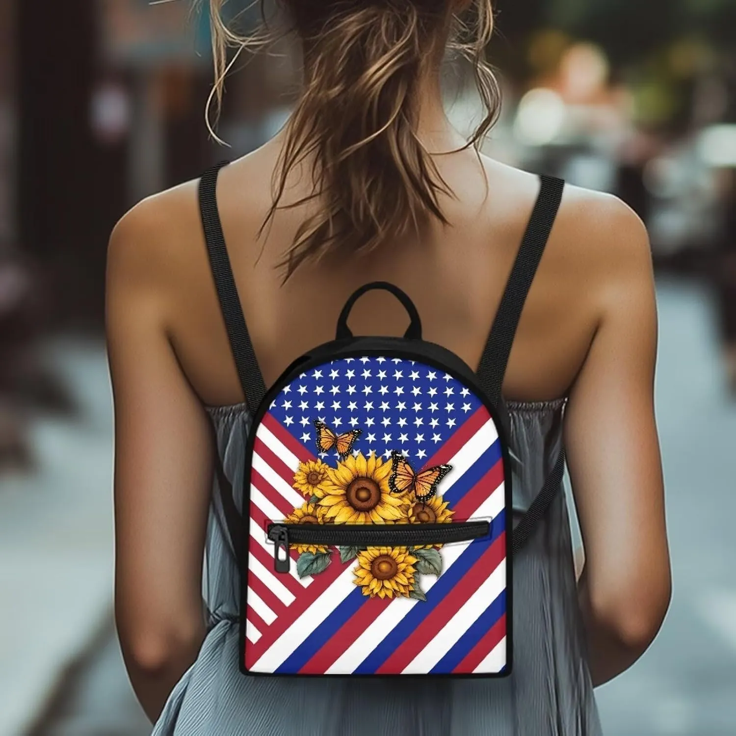HUGS IDEA American Flag Backpack for Lady Sunflowers Cell Phone Purse Mini Polyester Backpacks for Travel Lightweight Small Shoulder Bag Casual Tote Bags Handbag Daypack