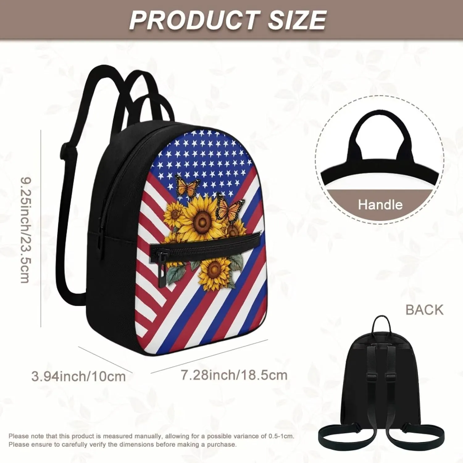 HUGS IDEA American Flag Backpack for Lady Sunflowers Cell Phone Purse Mini Polyester Backpacks for Travel Lightweight Small Shoulder Bag Casual Tote Bags Handbag Daypack