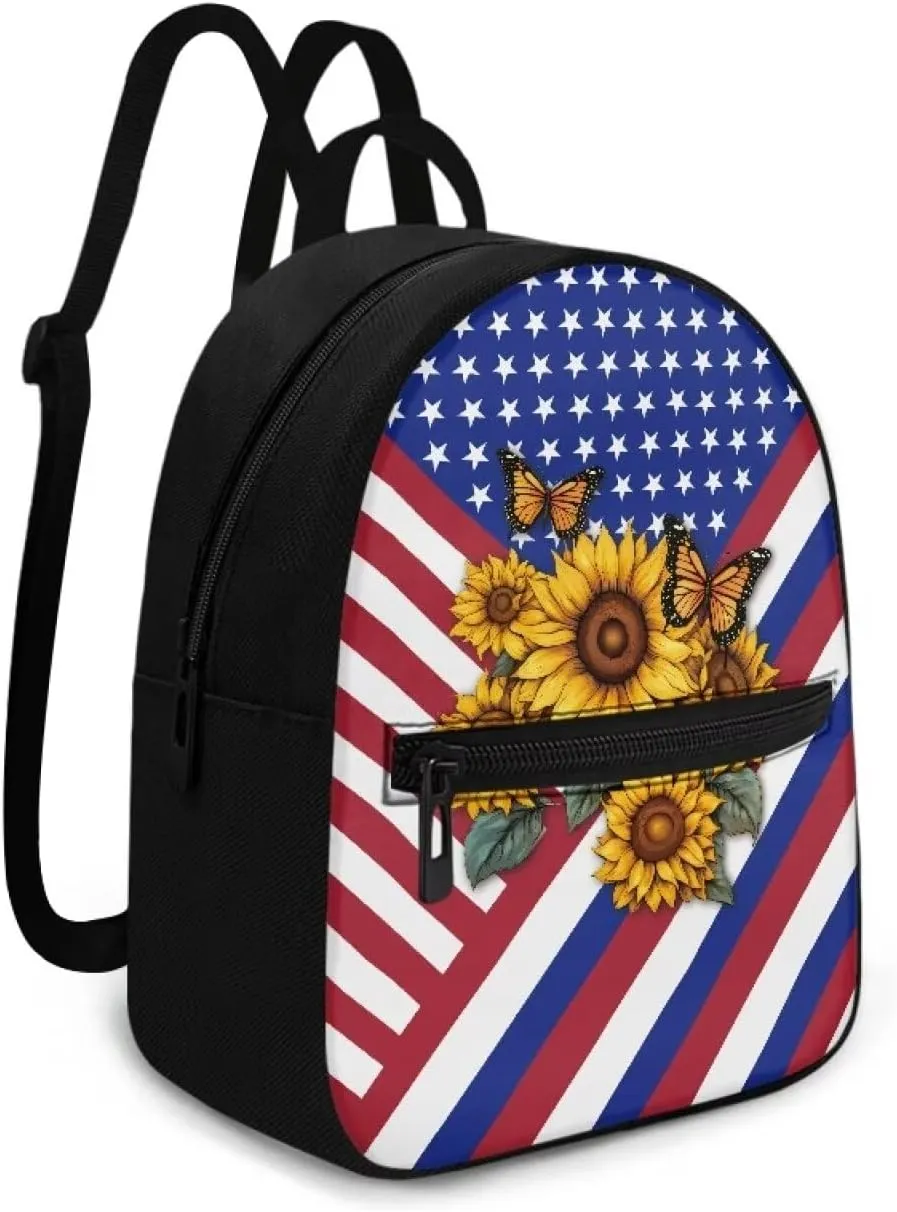 HUGS IDEA American Flag Backpack for Lady Sunflowers Cell Phone Purse Mini Polyester Backpacks for Travel Lightweight Small Shoulder Bag Casual Tote Bags Handbag Daypack