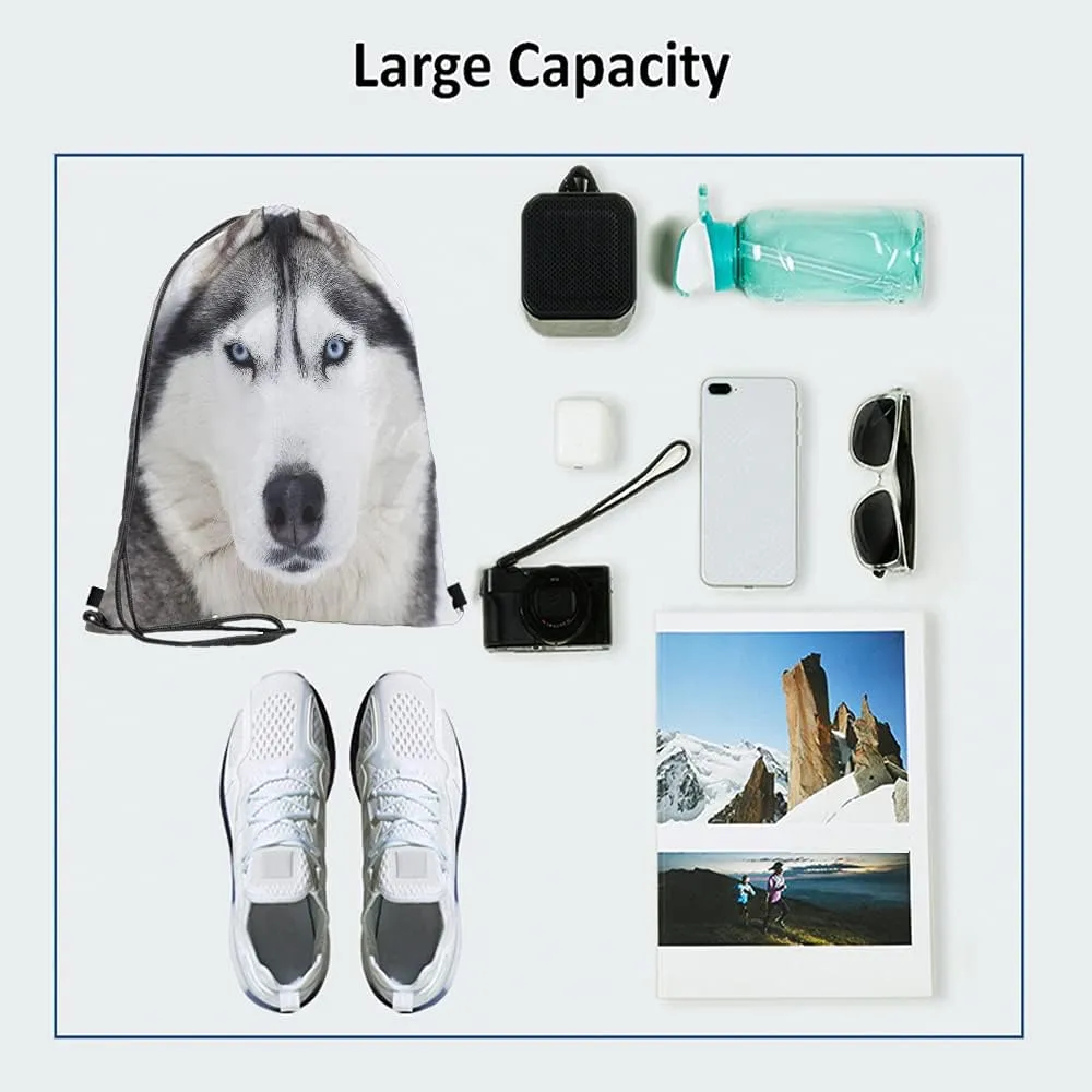 Husky Dog Drawstring Bags Backpack Bag Grey Wolf Winter Alpha Male Timber Wolf Face Blue Eyes Wild Animal Sport Gym Sack Drawstring Bag String Bag Yoga Bag for Men Women